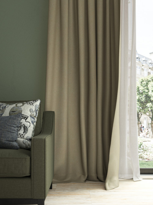 Neutral dimout curtains beside a sheer panel